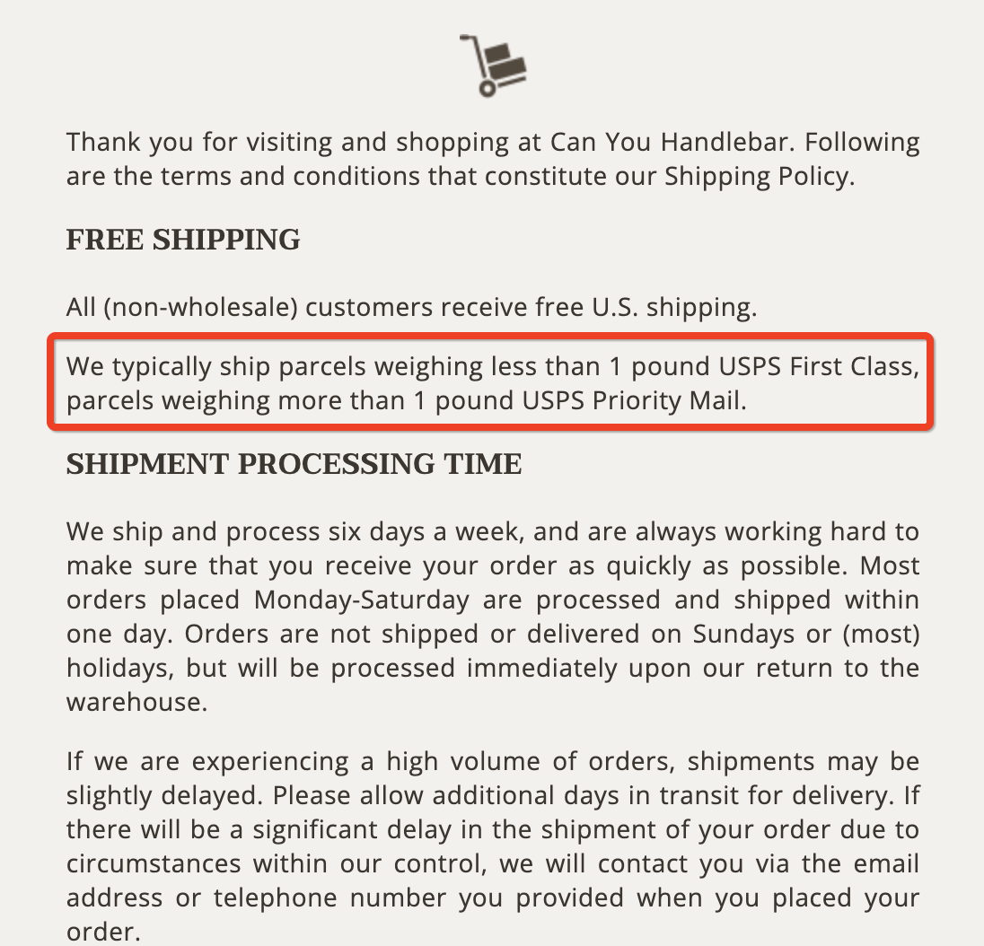 Can You Handlebar shipping policy example