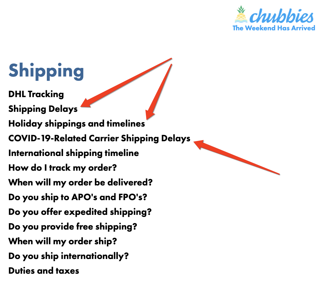 Chubbies shipping information examples