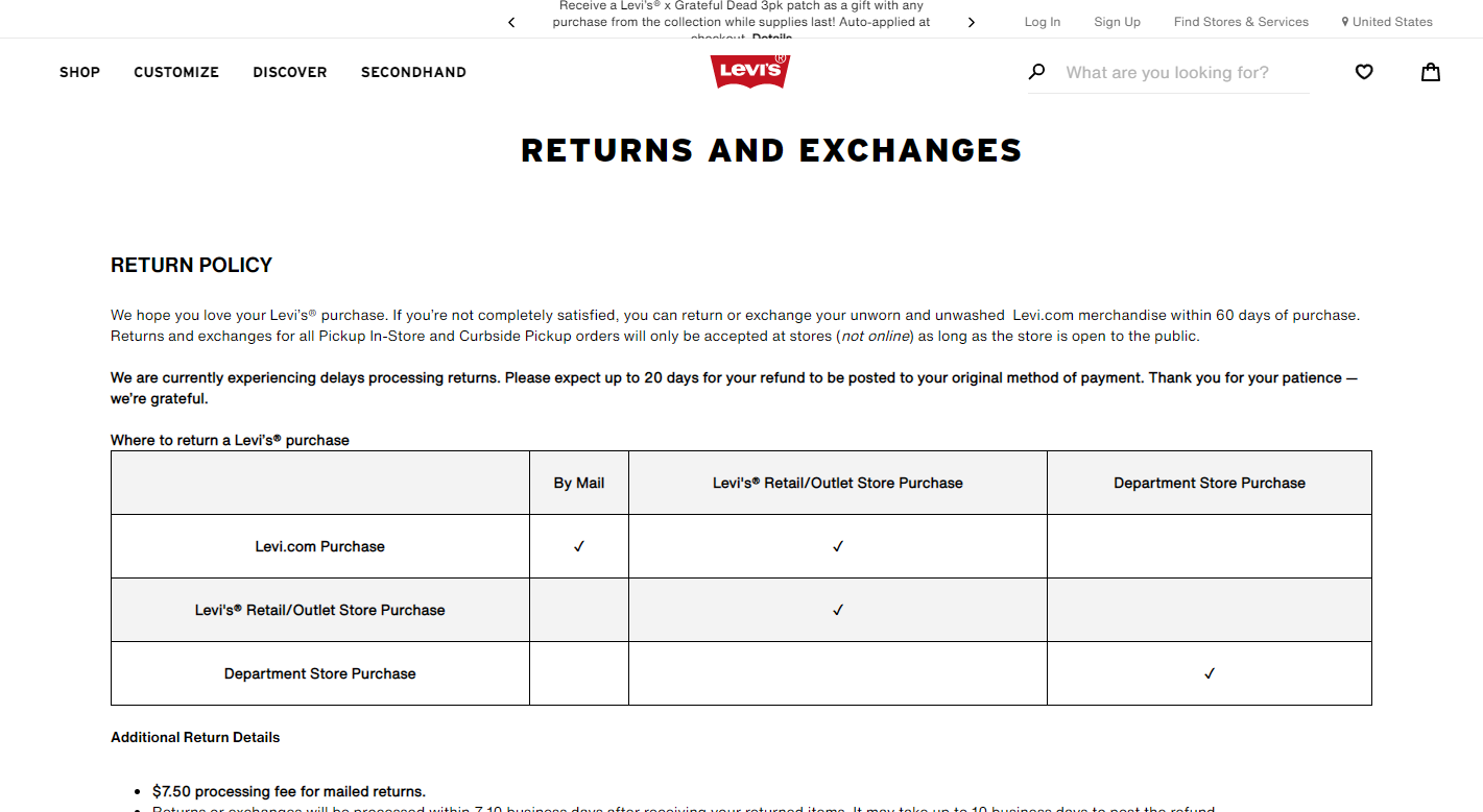 Levi's store policy example: return policy