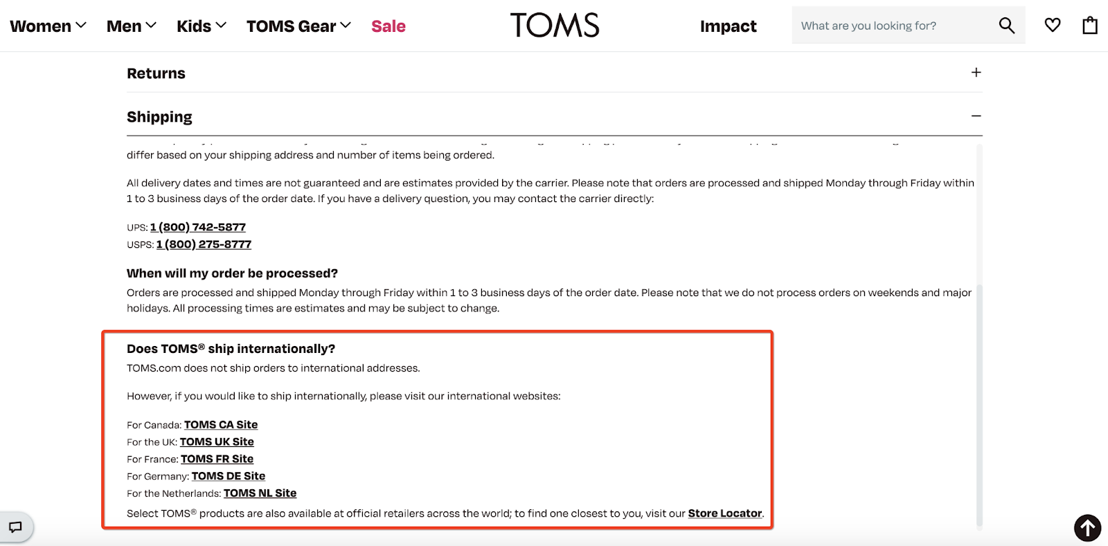 TOMS store policy example: international shipping policy