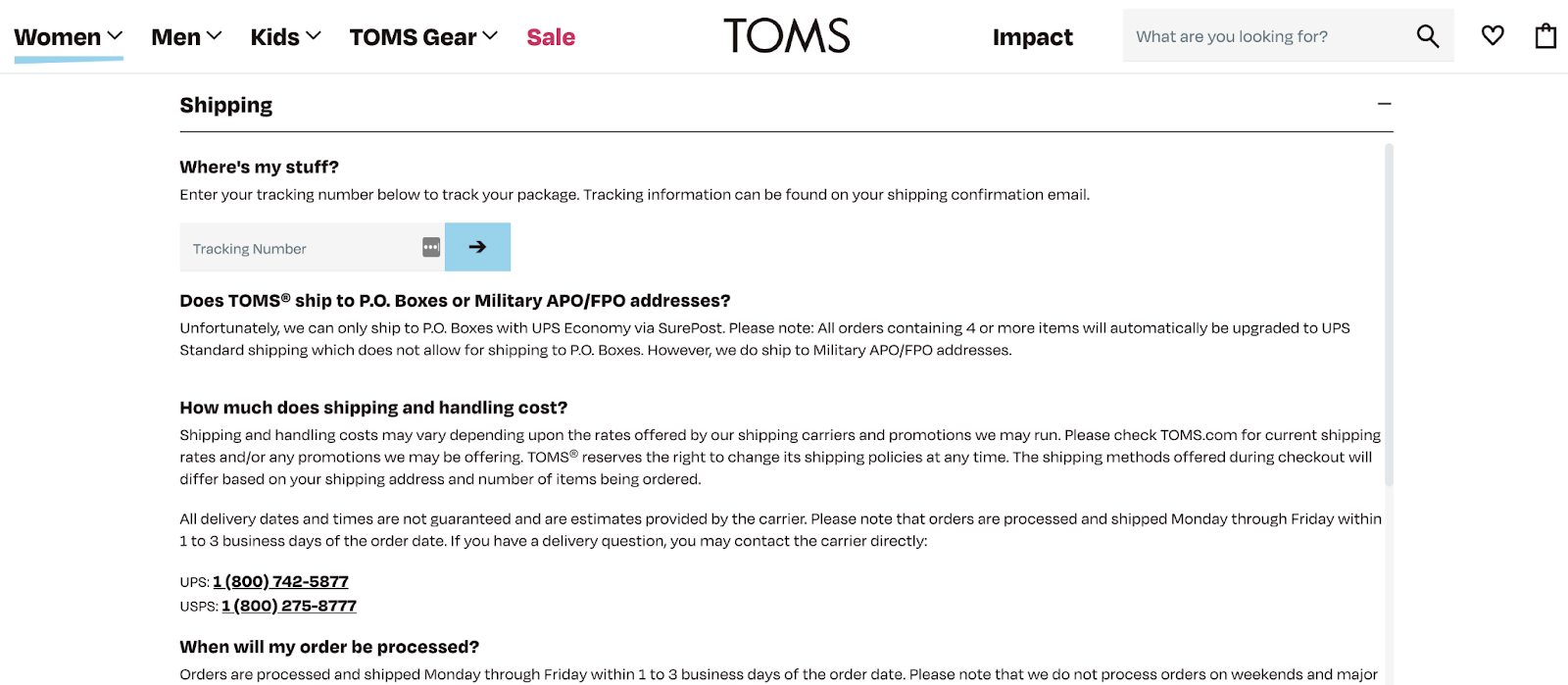 TOMS store policy example: shipping policy